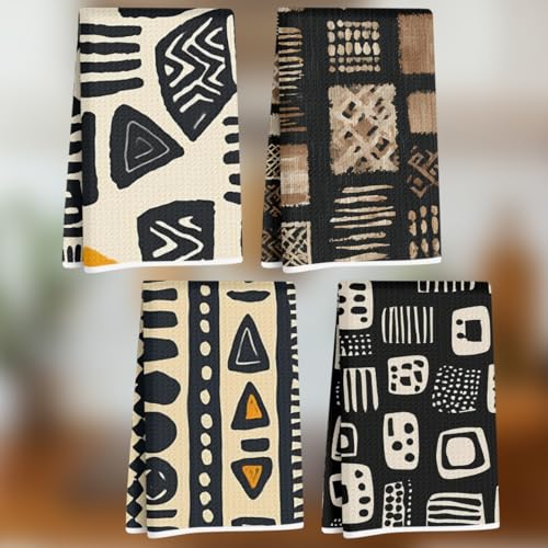 4 Pcs Ethnic Tribal Kitchen Towels Set 24x14 Inch, Abstract Reusable Quick Dry Microfiber Dish Towels, Waffle Hand Towel for Kitchen Bathroom Home Decor, Housewarming Gifts for Women Friend Family - color: Lcs Multicolor 02513