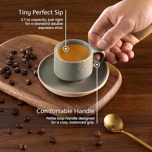 KooK Espresso Mug and Saucer Set, Ceramic Cups and Plates with Rustic Organic Shape and Feathered Texture, Dishwasher and Microwave Safe, 2.7 oz, Set of 4, Neutral Multicolor (2.7 Oz) - size: 2.7 Oz