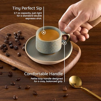 KooK Espresso Mug and Saucer Set, Ceramic Cups and Plates with Rustic Organic Shape and Feathered Texture, Dishwasher and Microwave Safe, 2.7 oz, Set of 4, Neutral Multicolor (2.7 Oz) - size: 2.7 Oz
