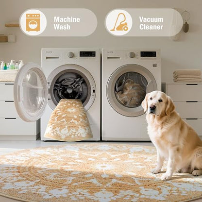 Carvapet Faux Jute 2 ft Round Washable Rug, Imitation Jute Low Pile Circle Small Carpet with Non Slip Rubber Backing, Foldable Stain Resistant Area Rug for Living Room Bedroom Office Bathroom - color: Pearl, size: 2' (Round)