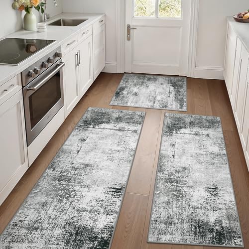 GENIMO Kitchen Rugs Set of 3, Washable Non Slip Kitchen Mats for Floor | 20"x32"&20"x48"&20"x59", Grey White vintage abstract rug, soft faux cashmere, low pile, easy-clean for laundry - color: Grey White, size: 20"x32"+20"x48"+20"x59"