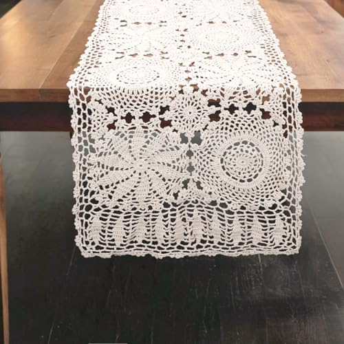 kilofly Handmade Crochet Cotton Rectangular Table Runner, 15 x 43 inch, Beige - color: Beige, size: 15 x 43 Inch