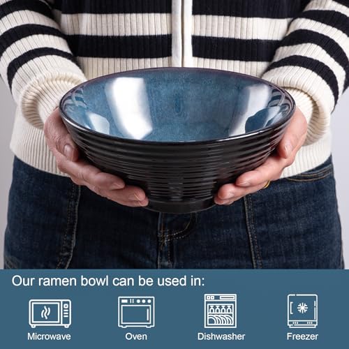 Ceramic Japanese Ramen Bowl Set, 2 Sets Asian Pho Udon Soup Noodle Bowls with Spoons and Chopsticks (Starry Blue, 8 inches) - color: Starry Blue