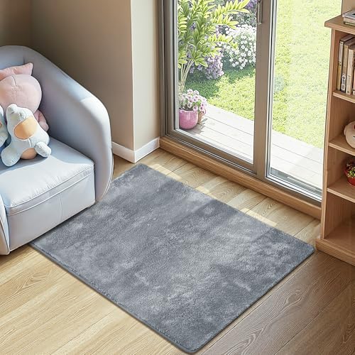 jinchan 2x3 Solid Plush Area Rug Shaggy Washable Entryway Rug, Grey | Soft, Cozy, Non-Slip, Modern, Faux Wool, Performance Rug, Floor Carpet, Doormat, Kids Room, Laundry Room, Bathroom, Kitchen - color: Solid Grey, size: 2' x 3' (Rectangular)