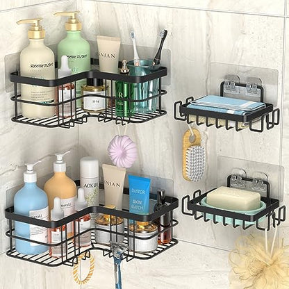 Corner Shower Caddy, 4-Pack Adhesive Shower Shelves with Soap Holder No Drilling, Rustproof Bathroom Shower Organizer Storage, Black