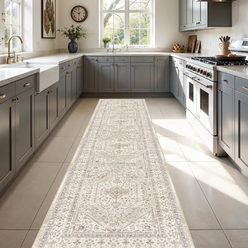 3x12 Washable Hallway Runner Rug - Non-Slip Vintage Kitchen Rugs Beige Gray | Low Pile Thin Wide Carpet for Entryway Soft Pet-Friendly Floor Mat for Living Room Bedroom Indoor Decor - color: Beige/Gray, size: 3' x 12' (Rectangular)
