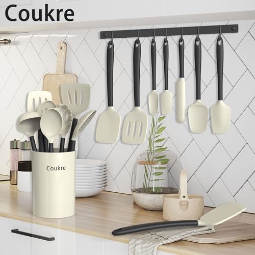 Coukre Silicone Kitchen Cooking Utensils Set, Heat Resistant, 14-Piece | Dishwasher-Safe, Food-Grade Silicone, BPA-Free, Spatulas, Spoons & Turner, Safe for Nonstick Cookware, Beige - color: Beige