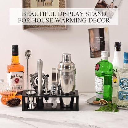 Bartender Kit Cocktail Shaker Set with Stand 17-Piece Bar Tool Bar Set for Drink Mixing Home Bartending Kit Bar Cart Accessories: Martini Shaker, Mixer Spoon, Jigger, Muddler, Strainer & Recipes Gifts - color: Black Silver - 17pcs