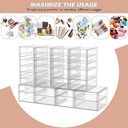 6-Pack 30-Drawer Acrylic Storage & Makeup Organizer for Desk | Smooth-glide drawers, clear body, dustproof, for office supplies, pens, stationery, jewelry, cosmetics, craft bits - size: 30 Drawers