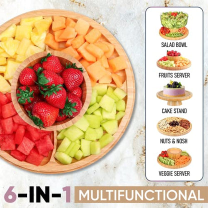 CHEF'S UNIQUE 6-in-1 Bamboo Cake Stand with Dome – Multifunctional Serving Platter, Punch Bowl, Salad Bowl, Chip & Dip Tray, Dessert Display with Clear Acrylic Cover