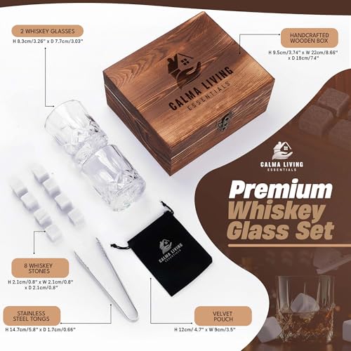 Whiskey Stones Gift Set with 10oz Lead-Free Crystal Whiskey Glass, Reusable Chilling Stones, Velvet Bag & Stainless Steel Tongs – Luxury Wooden Box Gift for Men