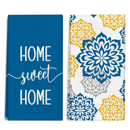 Sweet Home Blue Kitchen Towels and Dishcloths Set of 2, Boho Decorative Hand Towel Drying Cloth for Bathroom Baking, Housewarming Gift for Hostess, Women, 16x24 Inches -05 - color: Blue