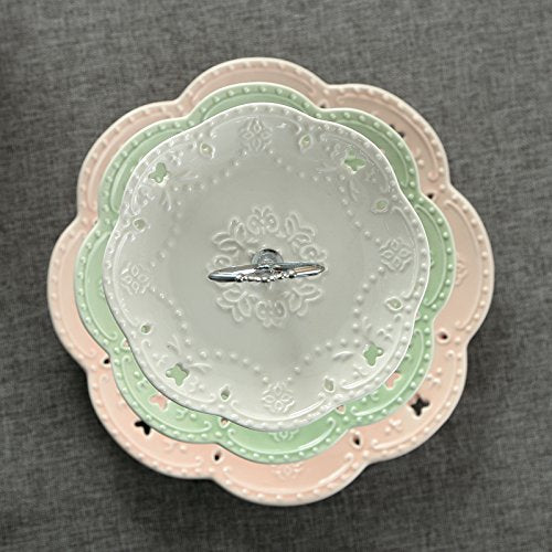 Jusalpha 3-Tier Multi Color Porcelain Dessert Stand-Cupcake Stand | Tea Party Serving Platter with Silver Pillar, comes with a sugar tong in a giftable box - color: Silver