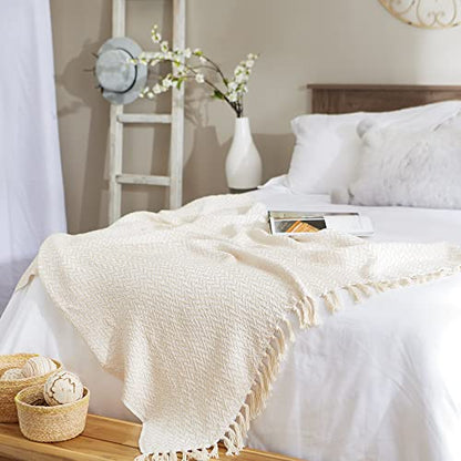 DII Modern Zig Zag Throw Blanket Woven Cotton, Hand-Knotted 2.5" Fringe, 50x60, Natural - color: Natural, size: 50x60"