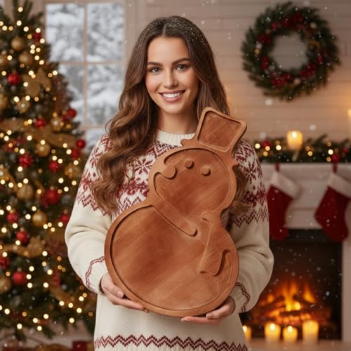 Snowman Christmas Serving Tray Platter Charcuterie Board Christmas Wood Serving Dish Cutting Board Rustic Farmhouse 11.42 x 10.43 Inches Table Plate for Cheese Food Fruit Party - style: Snowman