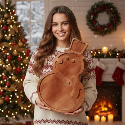 Snowman Christmas Serving Tray Platter Charcuterie Board Christmas Wood Serving Dish Cutting Board Rustic Farmhouse 11.42 x 10.43 Inches Table Plate for Cheese Food Fruit Party - style: Snowman