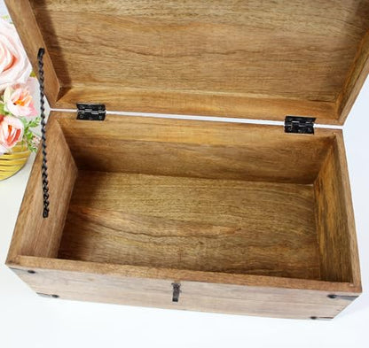 Treasure Chest Wooden Box with Antique Iron Lock and Skeleton Key (Large 14.5x8x6.75) - Storage and Decor – Pirate Wooden Treasure Chest, Decorative Box with Hinged Lid, - size: Large 14.5 x 9 x 5.75"