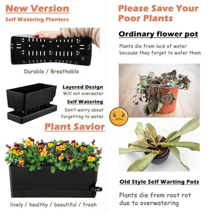 Self Watering Pots for Indoor Plants 17 Inches Window Boxes Planters Rectangular Flower Pots Rectangle Herb Pots Large Plant Pots with Drainage Holes and Saucers Windowsill Planter (2, Black) - color: Black