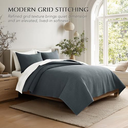 100% Cotton Modern Grid Stitch Quilt Set King Size, Midnight Blue | Pre-Washed Cotton Coverlet Bedspread, Oversized Lightweight 3-Piece Bedding Set for All Season, with 2 Pillow Shams - color: Midnight Blue, size: King (110" X 94")