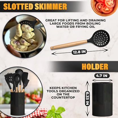 14 Pcs Kitchen Utensils Set with Holder, Beech Handles (Black) | Black Silicone Cooking Utensils Set; Spoons, Tongs, Whisk, Spatula, Countertop Holder, Non-Scratch for Cooking & Baking Needs - color: Black