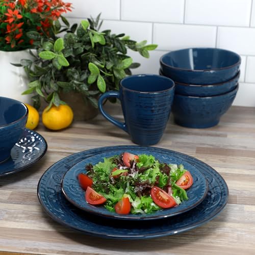 Elama Malibu Deep Ocean 16-Piece Stoneware Embossed Pattern Reactive Glaze Dark Blue Dinnerware Set, Tableware, Serveware Set (Deep Ocean Blue) - color: Deep Ocean Blue