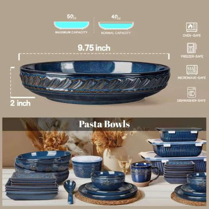 Pasta Bowls, 50oz Large Salad Serving Bowls, 9.75'' Plates Bowls Set of 4, Big Ceramic Soup Bowls for Kitchen, Embossment Shallow Dinner Bowl, Microwave Dishwasher Safe, Willow Leaf, Blue - color: Blue (Willow Leaf)