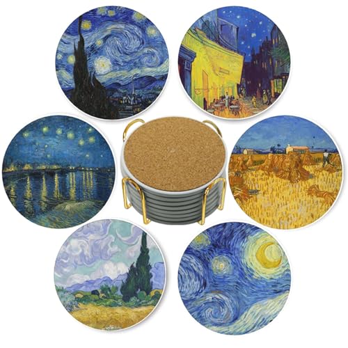 Drink Coasters with Holder - 6 Set Ceramic Coaster for Drinks Absorbent with Cork Base and Golden Holder - Coasters for Coffee Table Apartment Wooden Bar Mugs Glasses Cup Beer - color: F01 - Van Gogh