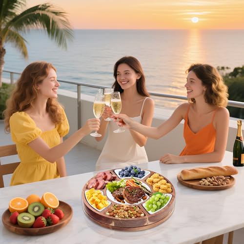 360° Rotating Lazy Susan Cheese & Charcuterie Board Set - 13.5" Acacia with Built-in Slate Chiller, 3 Ceramic Bowls & 2 Cheese Knives - Housewarming, Birthday & Wedding Gift - size: Round 13.5" Lazy Susan