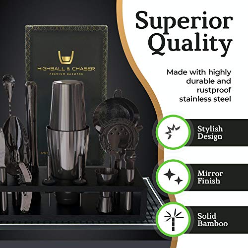 Highball & Chaser 13-Piece Gunmetal Black Stainless Steel Boston Cocktail Shaker Bar Tool Set with Mixology Bartender Kit Accessories - color: Gunmetal Black