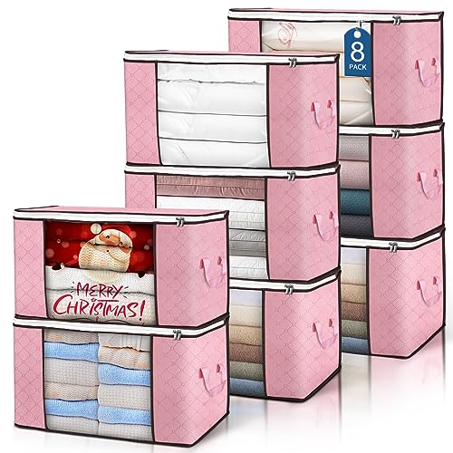 90L Large Storage Bags, 8 Pack Clothes Storage Bins Closet Organizers | Foldable Storage Containers, with Reinforced Handle, for Clothing, Blanket, Comforters, Bed Sheets, Pillows and Toys,Pink - color: Pink, size: 8 Pack