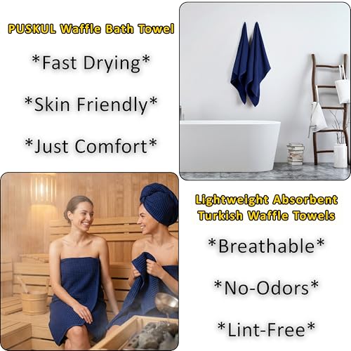 PÜSKÜL 2-Piece Natural 100% Turkish Cotton Waffle Bath Towels Extra-Large | Navy Blue, 32x63" Bath Sheet Towel, Light Soft Absorbent Quick-Dry Lint-Free Premium Honeycomb Weave Oeko-Tex Made in Turkiye - color: Navy Blue