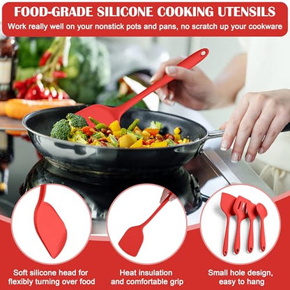 HaWare Kitchen Utensils, 14 PCS Silicone Cooking Utensils Set, Heat Resistant Kitchen Utensils for Non-stick Cookware, Kitchen Gadgets Tools with Spoons, Spatulas, Whisk, Dishwasher Safe (Red) - color: Red