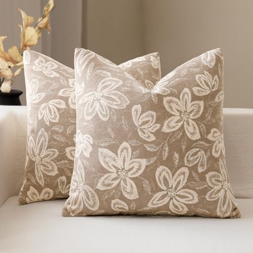 FIOUOVO Floral Throw Pillow Covers 18x18 Set of 2 Farmhouse Pillow Covers Vintage Neutral Accent Pillowcases Decorative Cushion Covers for Sofa Couch Living Room Bedroom Home Decor, Neutral - color: Neutral, size: 18" x 18" (Pack of 2)