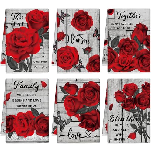 Set of 6 Valentine's Day Red Rose Kitchen Towels Vintage Flowers Dish Towel Romantic Floral Decorative Hand Cloths for Valentine Kitchen Bathroom Decoration Housewarming Gifts, 14 x 21 Inch - color: Red, style: Rose