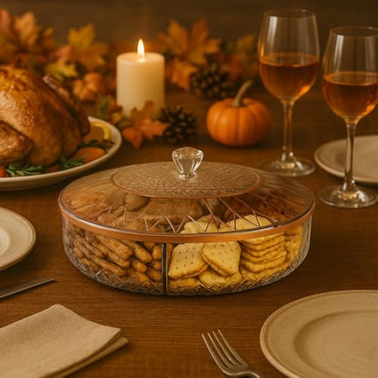 Clear Divided Snack Serving Tray with Lid – 6-Compartment Party Platter with Rose Gold Accent Lines for Candy, Fruit, Nuts, Chips, Appetizers & Desserts