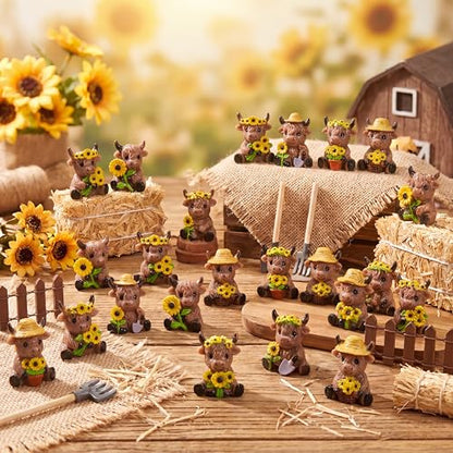 Yaomiao 60 Pcs Mini Highland Cow Figurines Resin Sunflower Highland Cow Figurines Cute Miniature Resin Gift Statue Decorations for Office Garden Desk Tabletop Festive Party Home Kitchen Tiered Tray - style: Sunflower