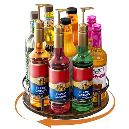 Nuovoware 9 Bottles Rotating Coffee Syrup Rack, Brown+Black | Carbon Steel Frame, Wooden Base Bottle Holder, Space-Saving Storage Rack for Coffee Flavored Syrups - color: Brown+black, size: 9 Bottles