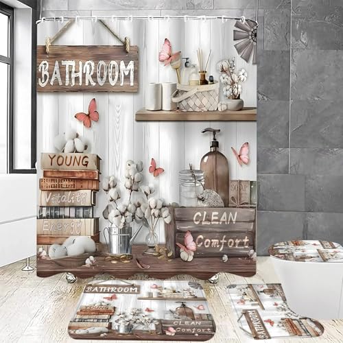 DDQQ 4Pcs Shower Curtain Sets, Farmhouse Style Bathroom Curtains Shower Set, Cupboard Bathroom Decor Sets, Shower Curtain with Rugs, Toilet Lid Cover, Bath Mat and 12 Hooks, 71 x 71 in - color: Cream
