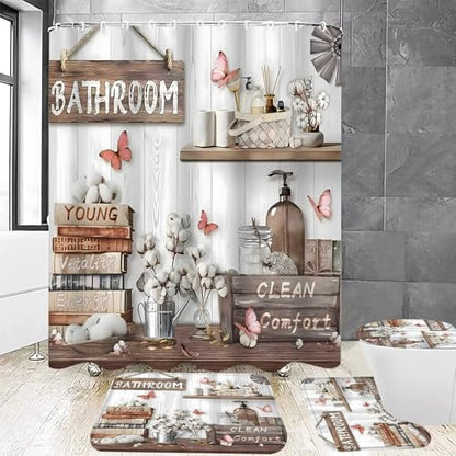 DDQQ 4Pcs Shower Curtain Sets, Farmhouse Style Bathroom Curtains Shower Set, Cupboard Bathroom Decor Sets, Shower Curtain with Rugs, Toilet Lid Cover, Bath Mat and 12 Hooks, 71 x 71 in - color: Cream