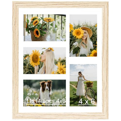 JCJMY 11x14 Picture Frame, 4x6 Collage Picture Frame, Display 5 Pcs 4x6 Photos or 11x14 Picture, Five Opening 4x6 Collage Frame for Wall Hanging, Lightweight 4 x 6 Multi Pictures Frame, Natural - color: Natural