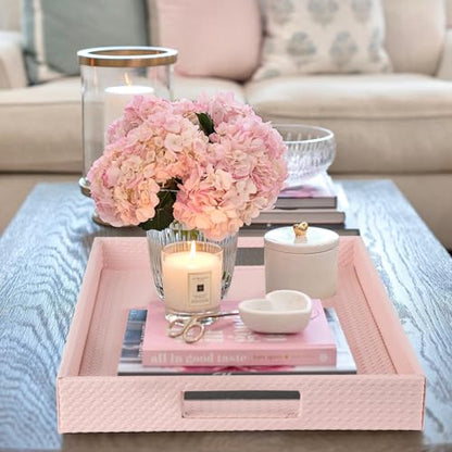 HofferRuffer Rectangle Serving Tray with Hole Handles for Coffee Table, Breakfast, Tea, Food, Butler - Countertop, Kitchen, Vanity Serve Tray, 16.2 x 12.2 x 2 inches, Faux Leather (Pink) - color: Pink