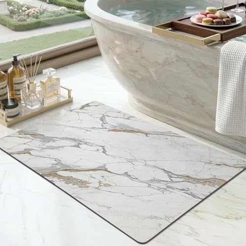 Color&Geometry Thin Bath Mat Non Slip,Thin Bathroom Rugs fit Under Door | 24"x16" Washable Bath mats for Bathroom,Small Bath Mat Quick Dry Low Pile Bathroom Rug for Bathtub and Shower Floor - color: Gray and Gold Marble, size: 16"x24"-Small