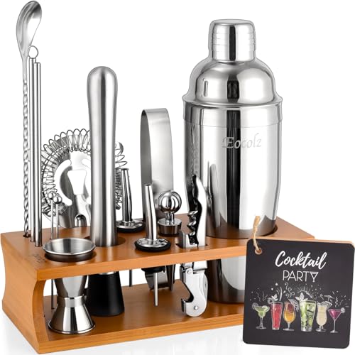 Bartender Kit Cocktail Shaker Set with Stand Bar Tool Bar Set for Drink Mixing Home Bartending Kit 17-Piece Bar Cart Accessories: Martini Shaker, Mixer Spoon, Jigger, Muddler, Strainer & Recipes Gifts - color: Silver Cobbler - 17pcs