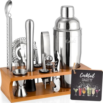 Bartender Kit Cocktail Shaker Set with Stand Bar Tool Bar Set for Drink Mixing Home Bartending Kit 17-Piece Bar Cart Accessories: Martini Shaker, Mixer Spoon, Jigger, Muddler, Strainer & Recipes Gifts - color: Silver Cobbler - 17pcs