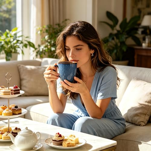 MONITO 17 OZ Coffee Mugs Set of 6, Large Ceramic Blue Coffee Mugs Set with handle for Tea/Latte/Milk/Cocoa, Funny Tea Cups for Office and Home, Engagement Gifts. (Starry Blue) | Mugs with Gold Rim for Latte,Tea&Cocoa,Dishwasher&Microwave Safe,Reactive Gla
