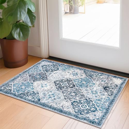 KILOCOCO 2x3 Small Washable Area Rug Entryway Doormat Indoor Kitchen Runner | Soft Moroccan Trellis Non Slip Entry Carpet for Entryway Kictchen Front Backdoor Hallway Bedside Bedroom - color: Blue/Multi, size: 2' x 3' (Rectangular)