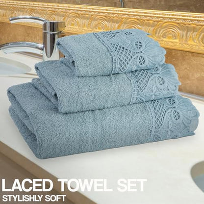 Zahari Home 3 Piece Laced Towel Set - Stylish Soft Plush Cotton Towels with Hand Towel & Washcloth - Highly Absorbent Towels for Bathroom, Gym, Hotel & Spa (Macramee Blue) - color: Macramee-blue
