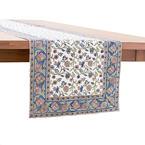Midnight Blue Side Table Runners ( 100% Cotton, Floral Hand Block Print, 14x36 inch, Pack of 1) Fabric Lined | No Fray Edges | for Home, Kitchen, Dining Room, Holiday, Wedding Party Décor