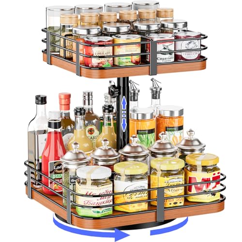 12 Inch Square Lazy Susan Organizer, 2 Tier Adjustable Wood Rack | Removable Divider Rack, 360° Rotating, Adjustable Height, For Pantry, Cabinet, Bathroom & Dining Table