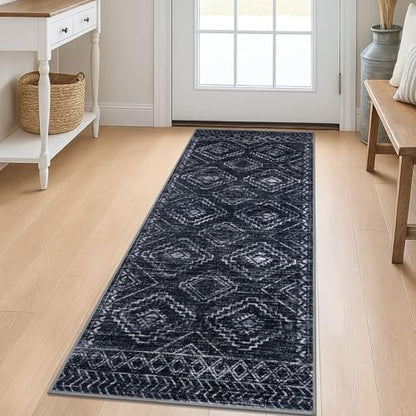 KILOCOCO Washable Runner Rug 2x5 ft Hallway Runners, Blue-Black | Non Slip Runner Rug, Printed Kitchen Runner Rug, Low-Pile Entryway Runners, Soft Geometric Rugs for Bedroom Hall Living Room - color: Black/Navy/White, size: 2' x 5' (Runner)